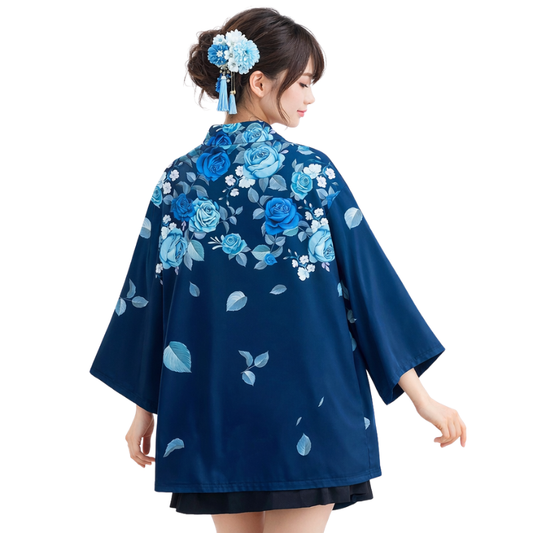 Haori Femme Bleu Marine En Motif Roses Élégantes
