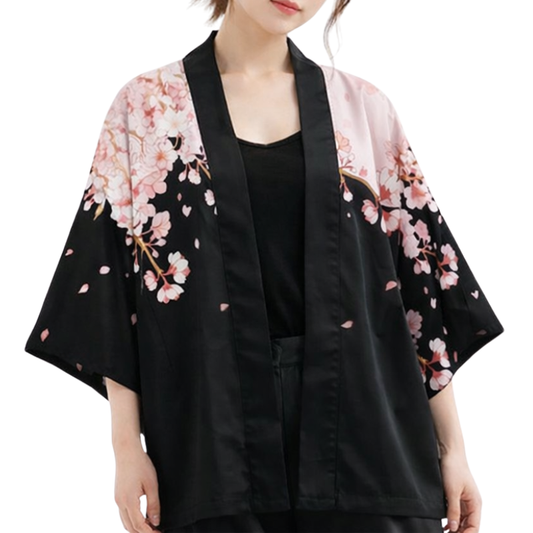 Haori Femme Noir Et Rose En Motif Fleur De Cerisier