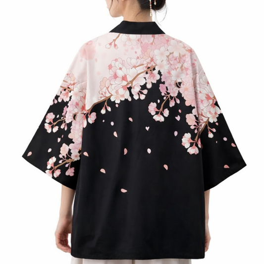 Haori Femme Noir Et Rose En Motif Fleur De Cerisier