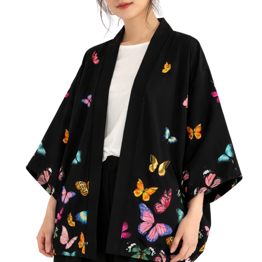 Haori Femme En Motif Papillons Multicolores Élégants