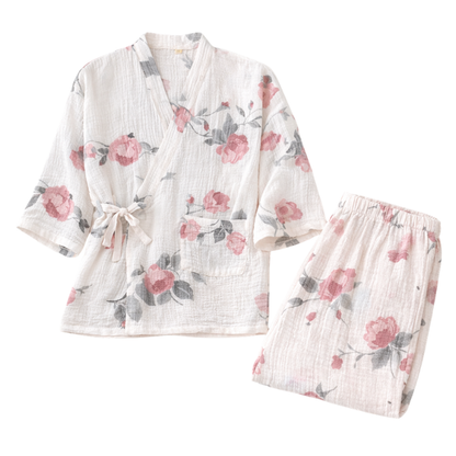 Kimono En Ensemble Pyjama Blanc Avec Motifs Fleurs Douces