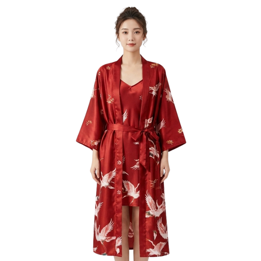 Ensemble Kimono En Satin Avec Motifs Grues