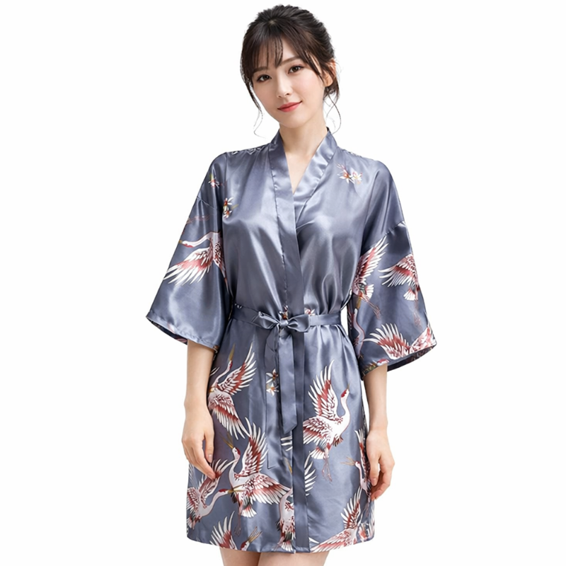 Kimono De Nuit En Satin Avec Motifs Grues Japonaises Élégantes