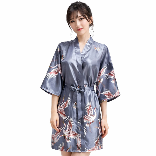 Kimono De Nuit En Satin Avec Motifs Grues Japonaises Élégantes