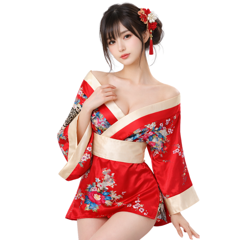Kimono De Nuit Rouge Avec Motifs Floraux Japonais