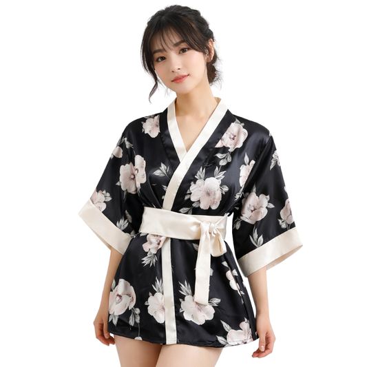 Kimono En Satin Noir Avec Fleurs Japonaise