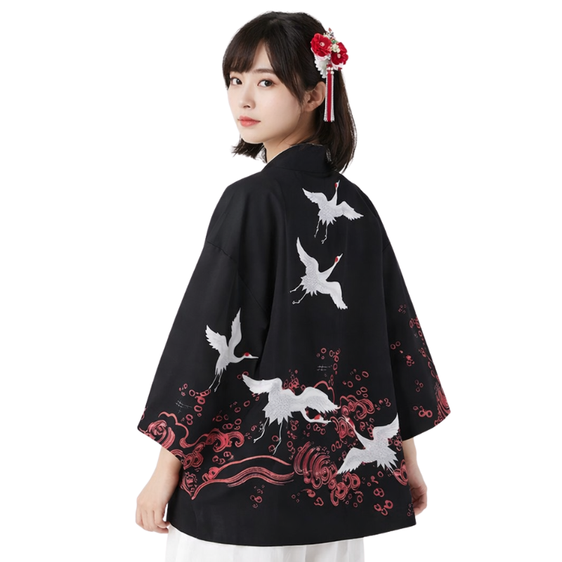 Veste Kimono Noir En Coupe Ample Avec Imprimé Oiseaux