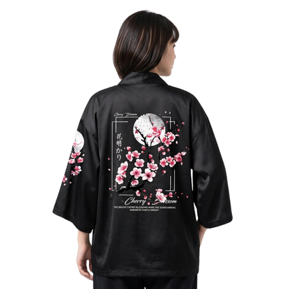 Veste Kimono Noir En Motif Fleur De Cerisier