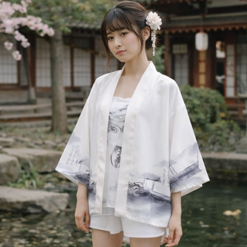 Veste Kimono Blanc En Motif Encre Japonaise Artistique