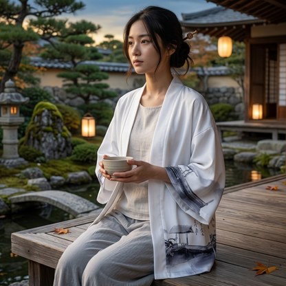 Veste Kimono Blanc En Motif Encre Japonaise Artistique