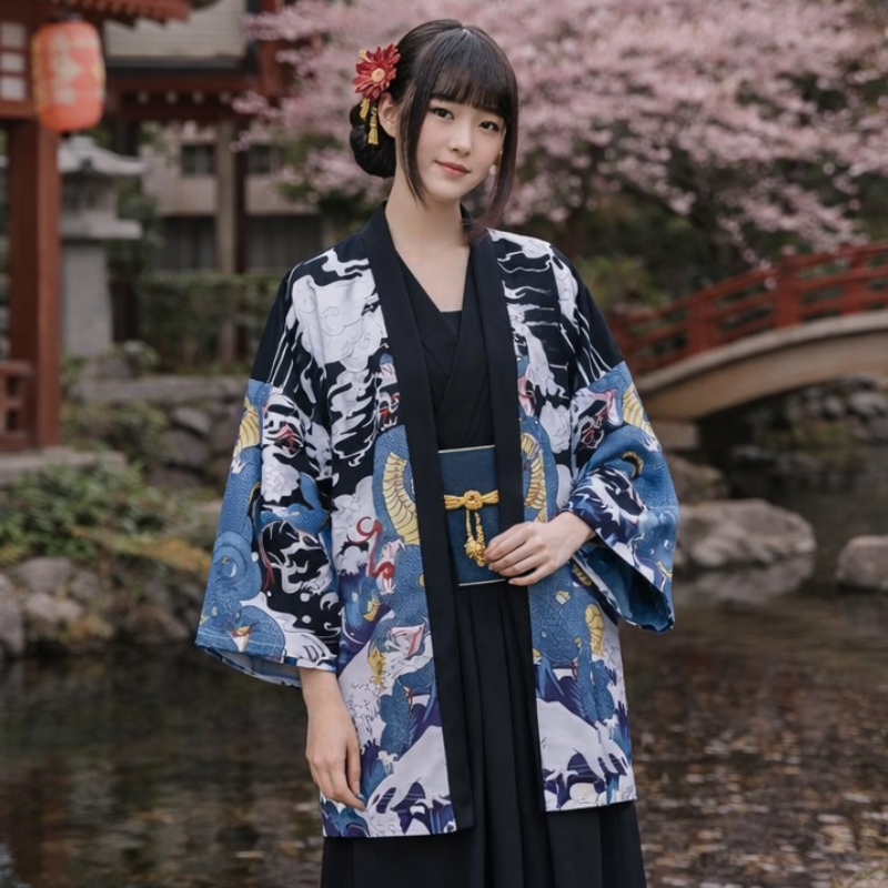 Veste Kimono Style Haori En Design Dragon Mythique