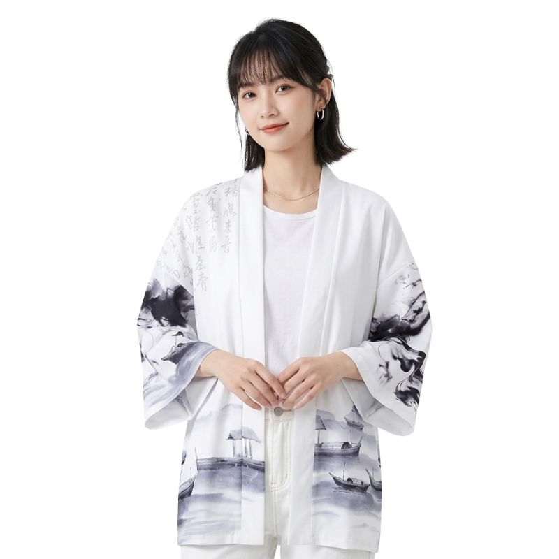Veste Kimono Blanc En Motif Encre Japonaise Artistique