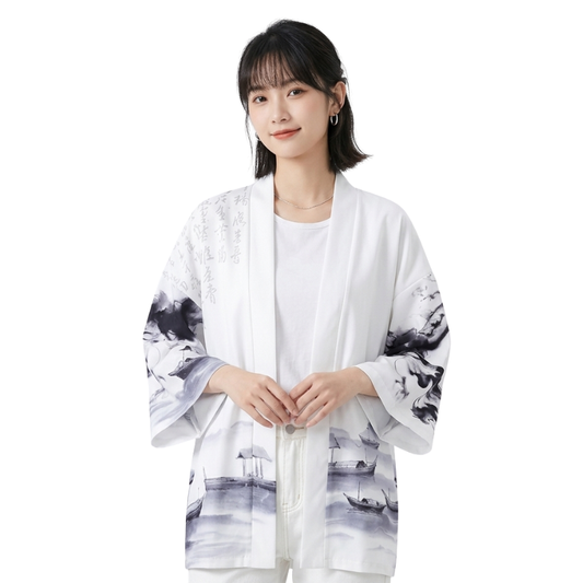 Veste Kimono Blanc En Motif Encre Japonaise Artistique