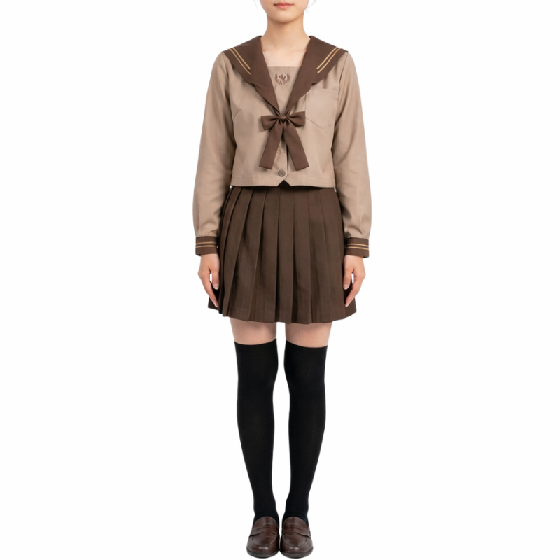 Uniforme Japonais Marron Avec Col Marin Et Jupe Plissée