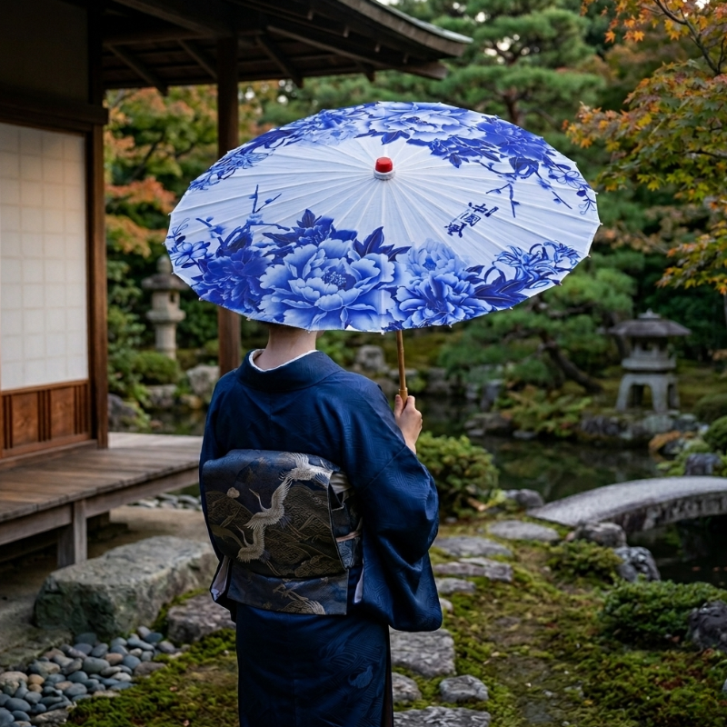 Parasol Asiatique Blanc Et Bleu Inspiration Traditionnelle
