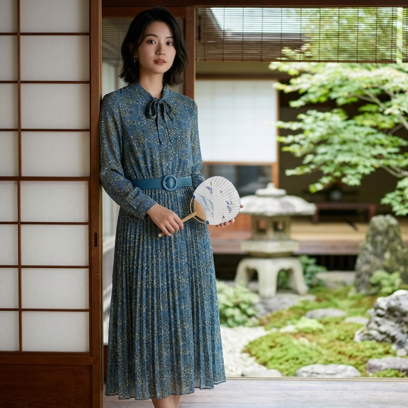 Robe Japonaise En Tissu Fluide Avec Coupe Longue Élégante