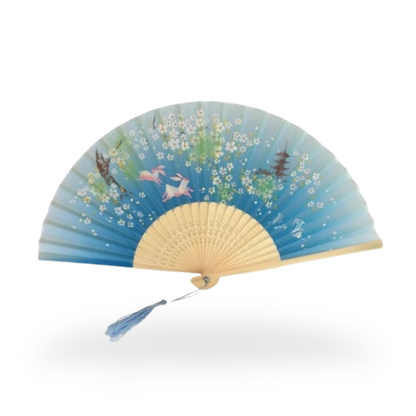 Éventail Japonais Bleu Dégradé Avec Motif Lapins Et Fleurs