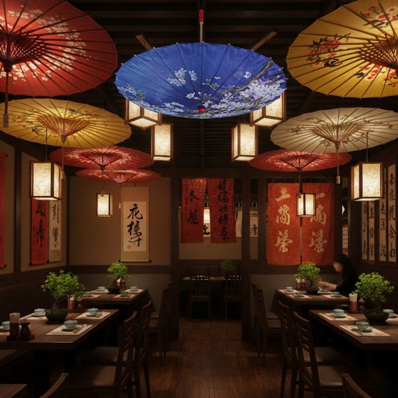 Parapluie Japonais Bleu Motif Fleurs De Cerisier
