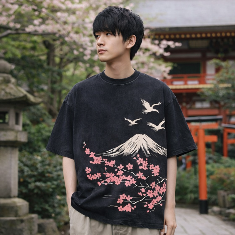 T-Shirt Japonais Avec Mont Fuji Et Fleurs Sakura