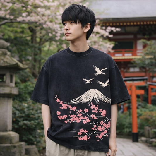 T-Shirt Japonais Avec Mont Fuji Et Fleurs Sakura