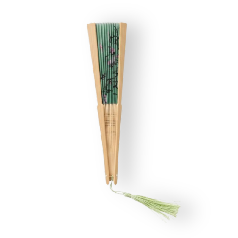 Éventail Japonais Pliant Vert Avec Illustration Florale