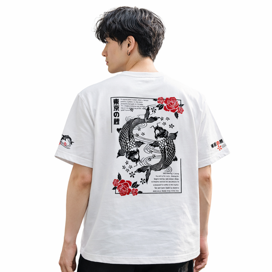 T-Shirt Japonais Mode Urbaine Avec Poissons Koi