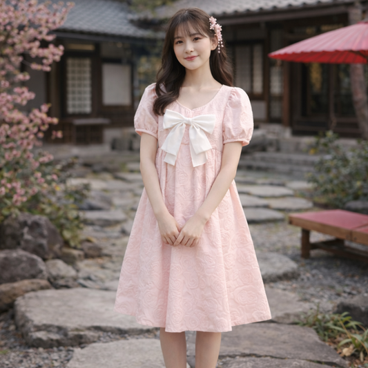Robe Japonaise Rose Poudré Avec Nœud Large Et Manches Bouffantes