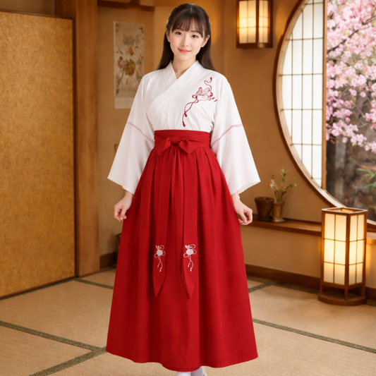 Robe Japonaise Blanche Et Rouge Avec Manches Amples Traditionnelles