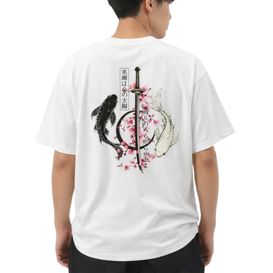 T-Shirt Japonais Avec Poissons Koi Et Fleurs Sakura Élégantes