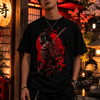T-Shirt Japonais En Noir Avec Samouraï Armuré Et Soleil Rouge