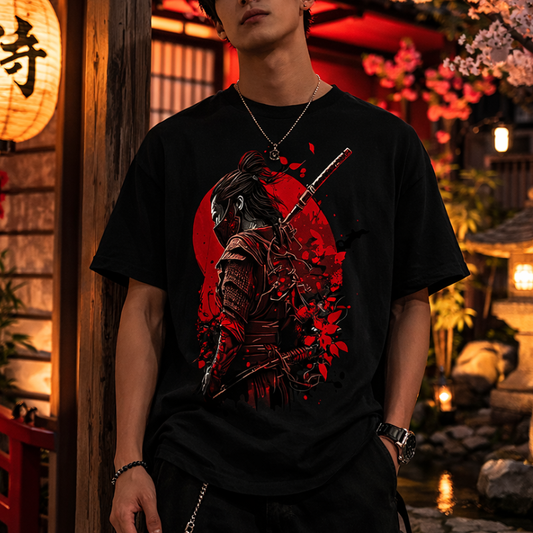 T-Shirt Japonais En Noir Avec Samouraï Armuré Et Soleil Rouge