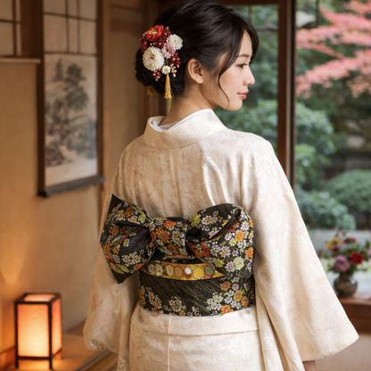 Ceinture Obi Japonaise Style Geisha Motif Fleuri