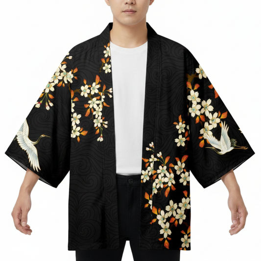 Haori Homme Style Japonais Sakura et Grues Symboliques