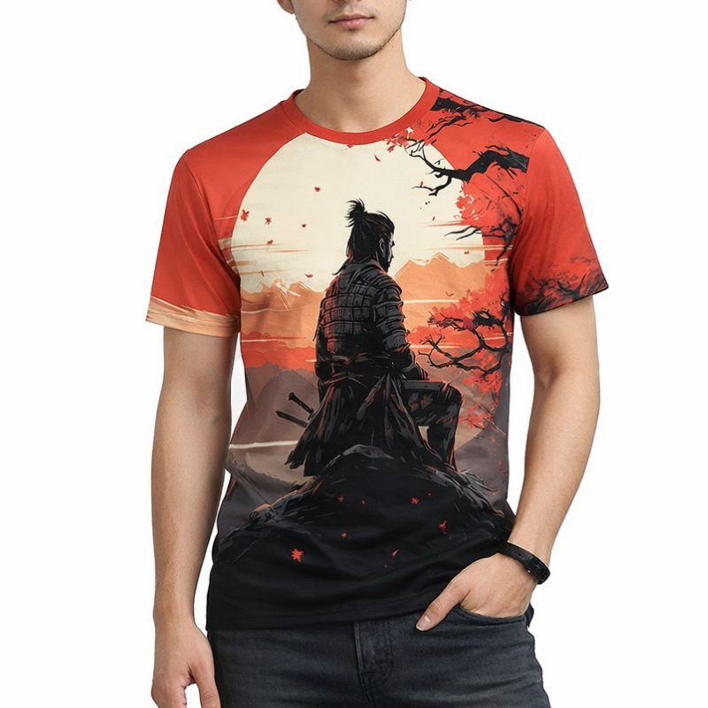 T-Shirt Japonais Avec Samouraï Face Au Soleil Couchant