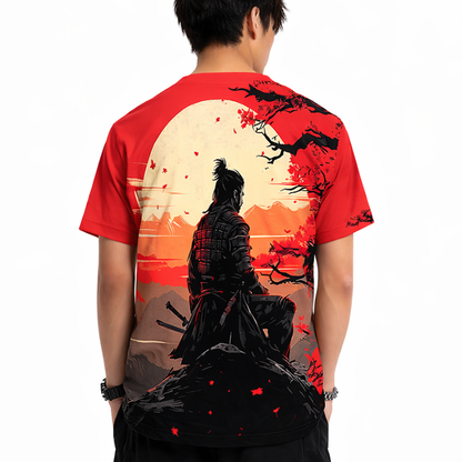 T-Shirt Japonais Avec Samouraï Face Au Soleil Couchant