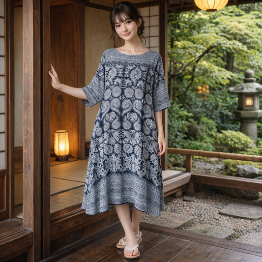 Robe Japonaise En Tissu Fluide Avec Imprimé Traditionnel