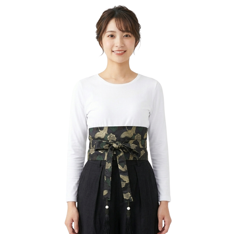 Ceinture Obi Noire À Motif Grue Dorée