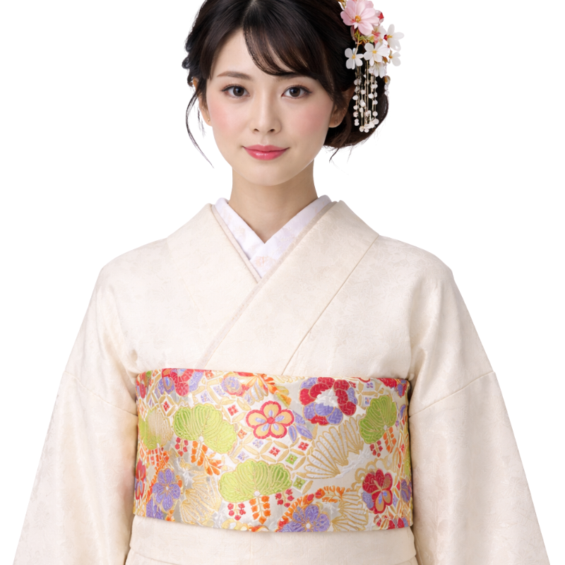 Ceinture Obi Ivoire Brocart Avec Motifs Floraux Colorés
