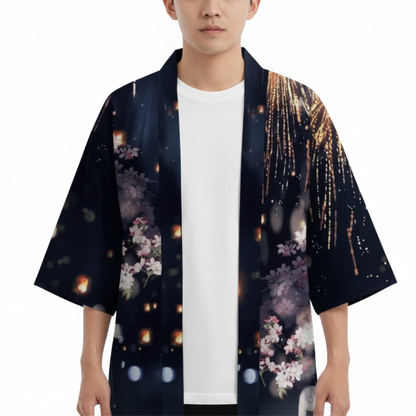 Haori Homme Japonais Motif Sakura Nocturne et Feux d’Artifice