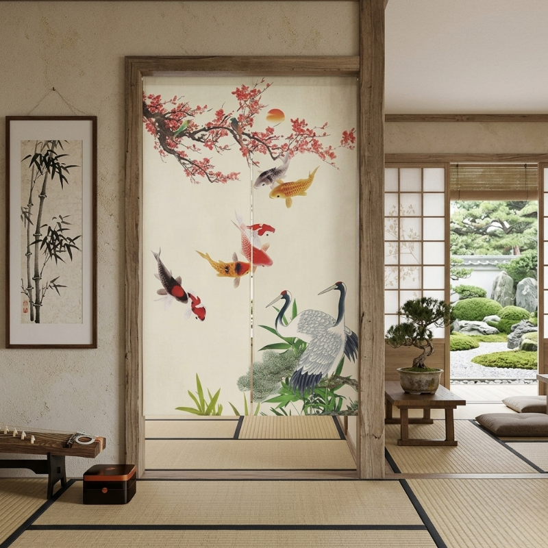 Noren Japonais Avec Carpes Koï Colorées Et Grues Élégantes