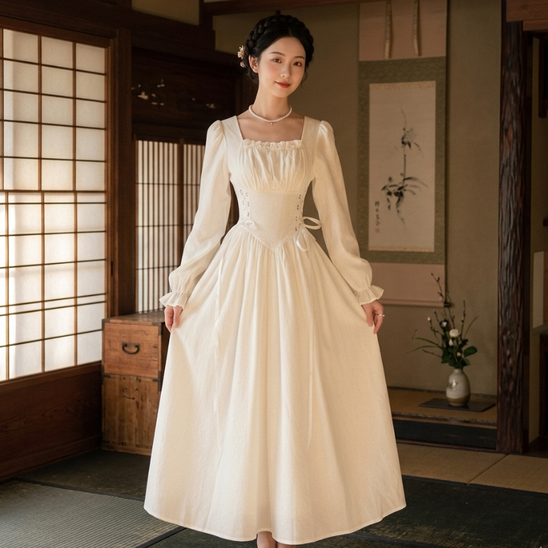Robe Japonaise Blanche Avec Col Carré Et Taille Cintrée Élégante