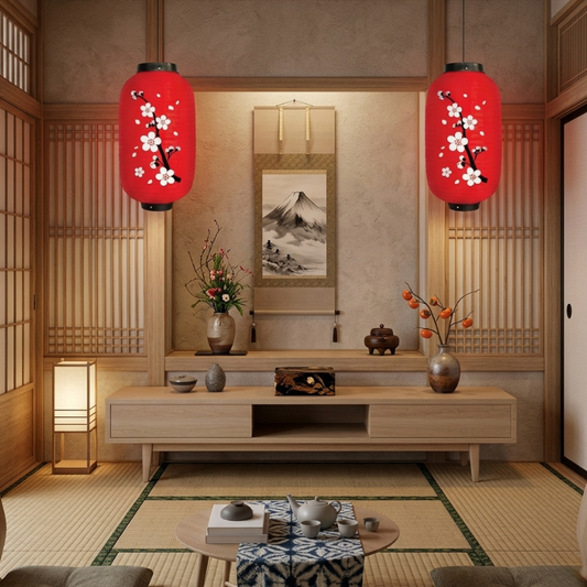 Lanterne Japonaise Rouge Avec Motif Fleurs De Cerisier
