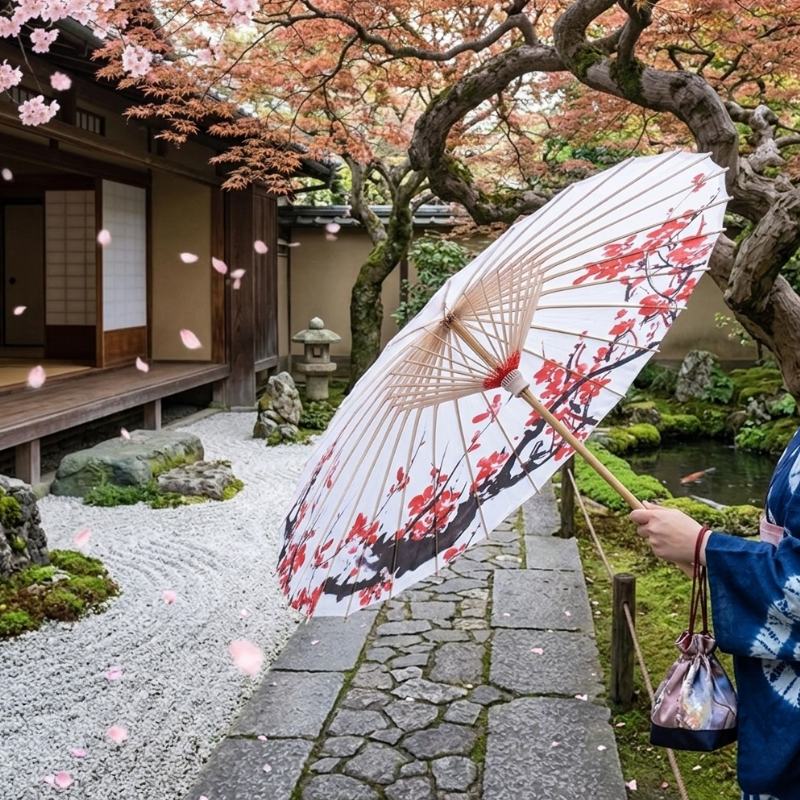 Parapluie Japonais Blanc Motif Fleurs De Cerisier Rouges