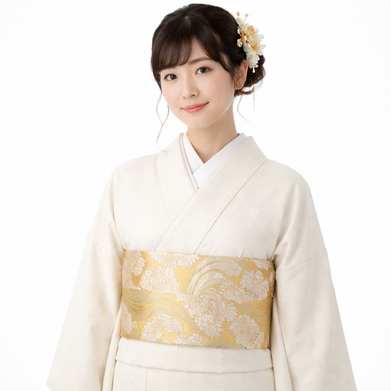 Ceinture Obi Brocart Blanc Et Or Avec Motifs Floraux