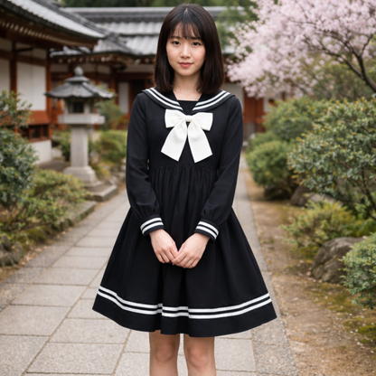 Robe Japonaise Noire Avec Col Marin Et Nœud Blanc