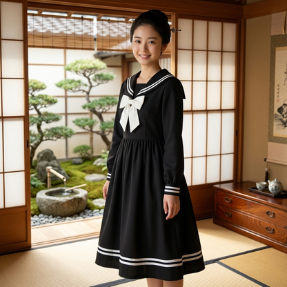 Robe Japonaise Noire Avec Col Marin Et Nœud Blanc