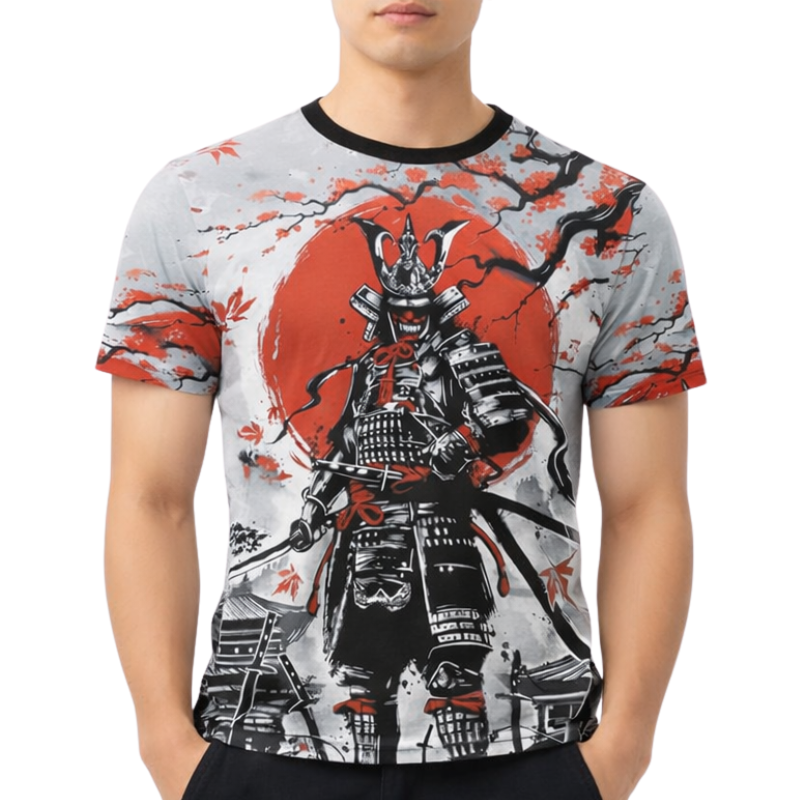 T-Shirt Japonais Avec Samouraï En Armure Et Soleil Rouge