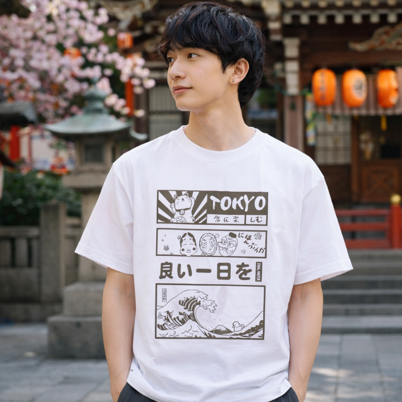 T-Shirt Japonais Avec Illustrations Tokyo Et Vagues Rétro