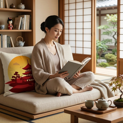 Coussin Japonais Carré Motif Mont Fuji Et Pagode Au Soleil Couchant