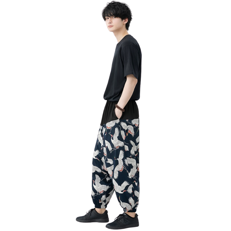 Pantalon Japonais Ample Homme À Motifs Grues